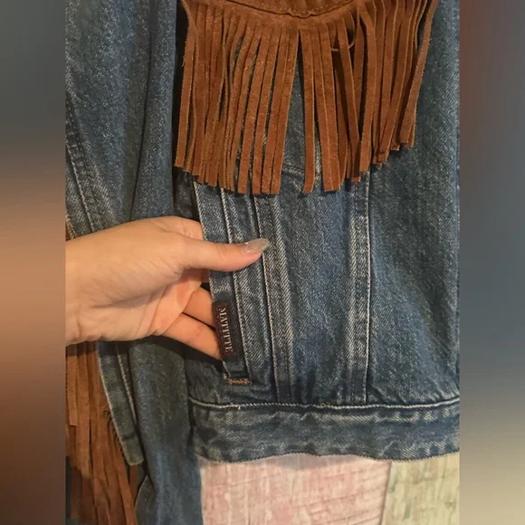 Womens Jean Denim Suede Fringe Western Cowgirl Rodeo Jacket Large Rock n Roll - Picture 3 of 16